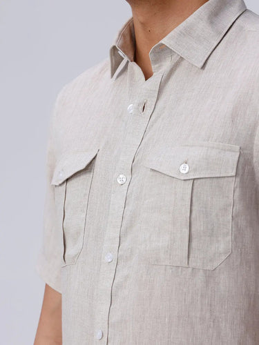 Beige Double Pocket Short Sleeve Linen ShirtUnited By Hope