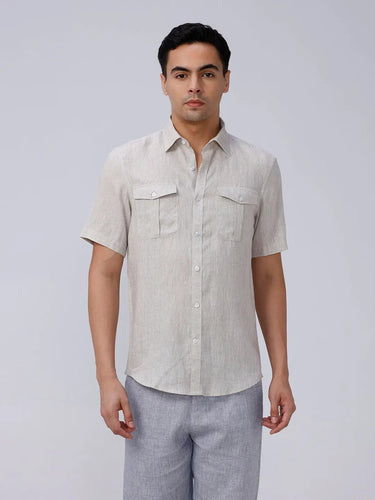 Beige Double Pocket Short Sleeve Linen ShirtUnited By Hope
