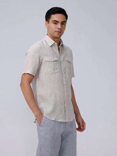 Beige Double Pocket Short Sleeve Linen ShirtUnited By Hope
