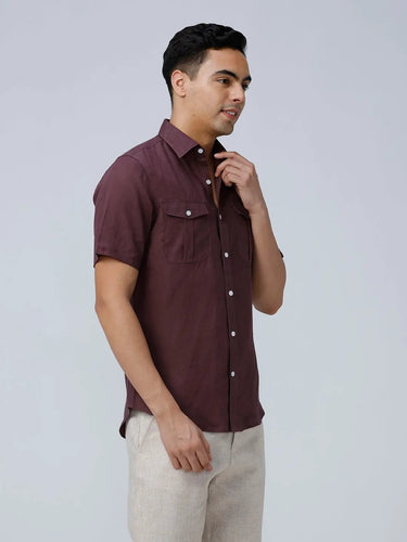 Maroon Double Pocket Short Sleeve Linen ShirtUnited By Hope