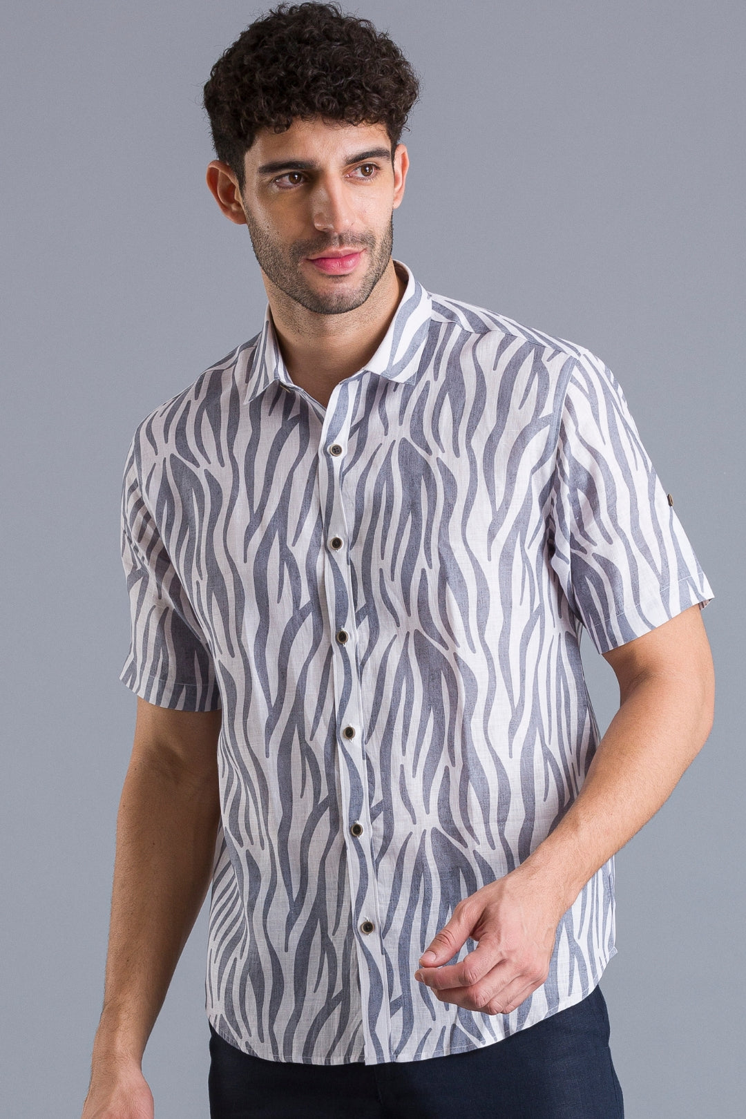 Grey stripes printed linen shirt